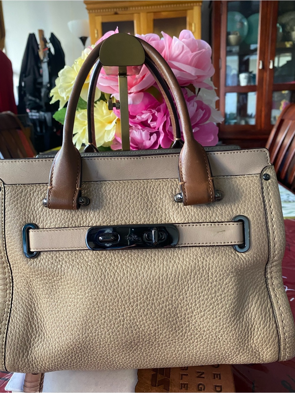 Women's Taupe and Brown Leather Satchel with Turn-Lock Detail